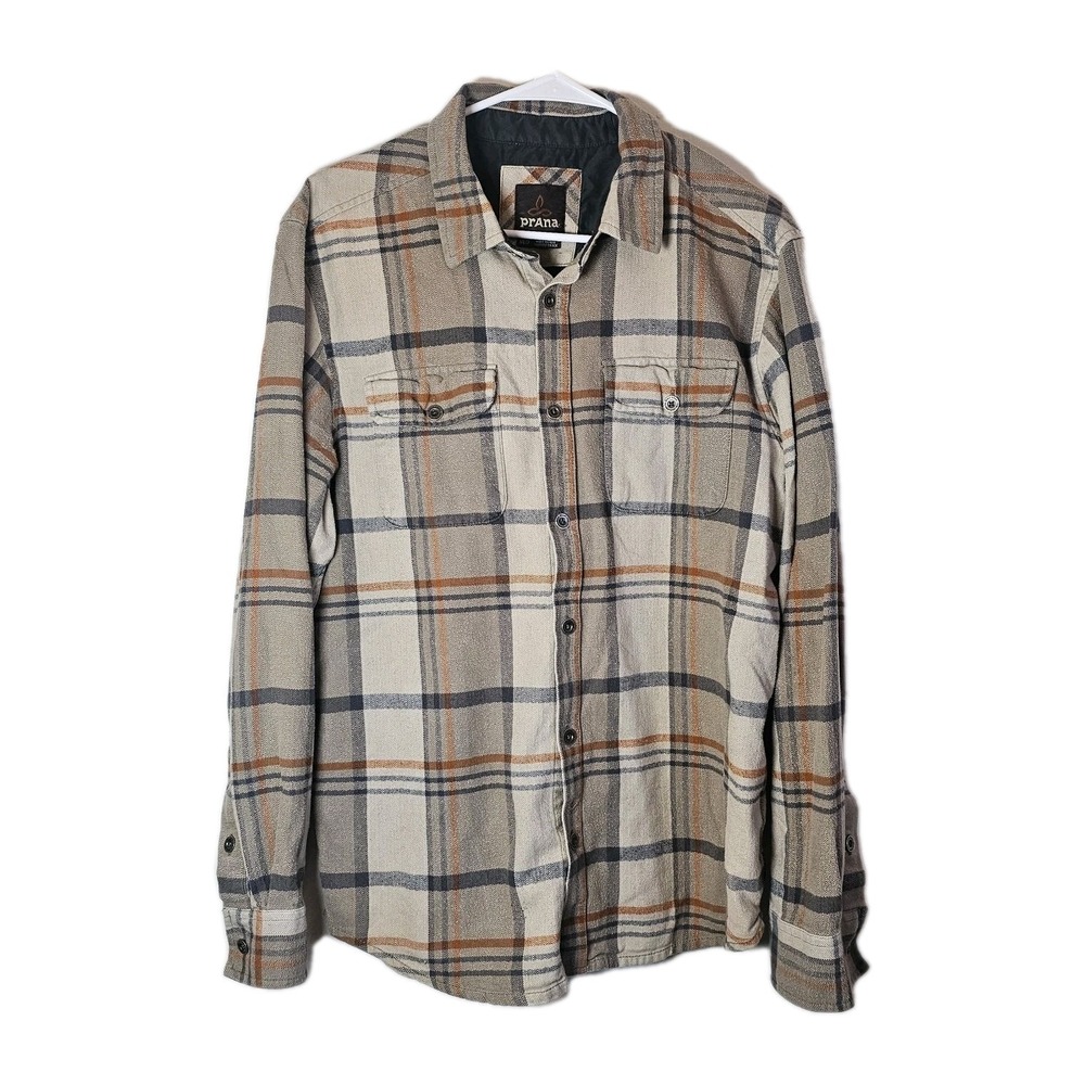 Prana‎ Men's Medium Flannel Plaid Button Down 100% Organic Cotton Outdoors Camp